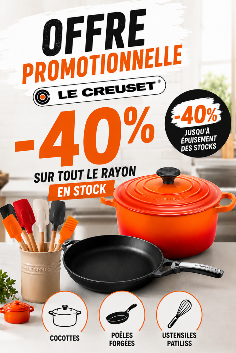 Soldes sur les ustensiles de cuisine Le Creuset : profitez d'une promotion de -40 % sur les cocottes, les poêles et les ustensiles chez Euro’Com Woippy. Ne manquez pas cette offre exclusive Le Creuset !.
