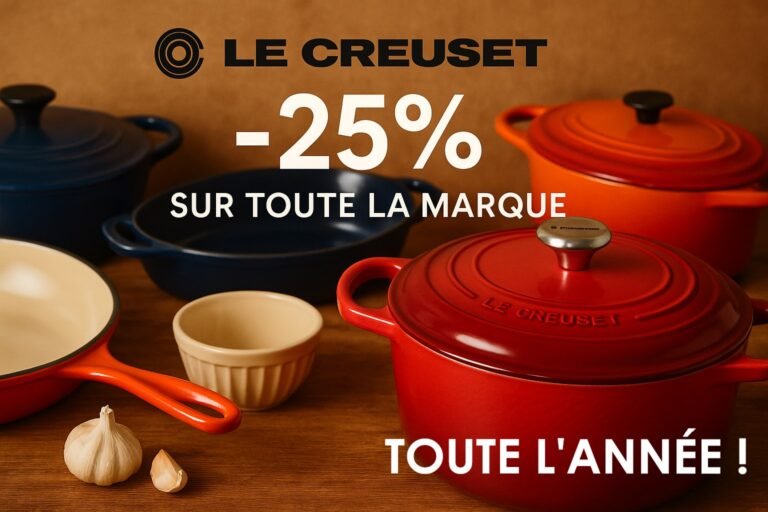 Ustensiles de cuisine LECREUSET sur une table en bois avec "-25% sur toute la marque toute l'année !" - profitez de cette promo exceptionnelle !.