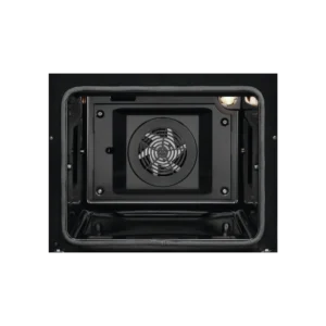Intérieur d'un four de cuisson noir AEG CIB6490APM vide, mettant en évidence le ventilateur et la lumière à l'arrière.