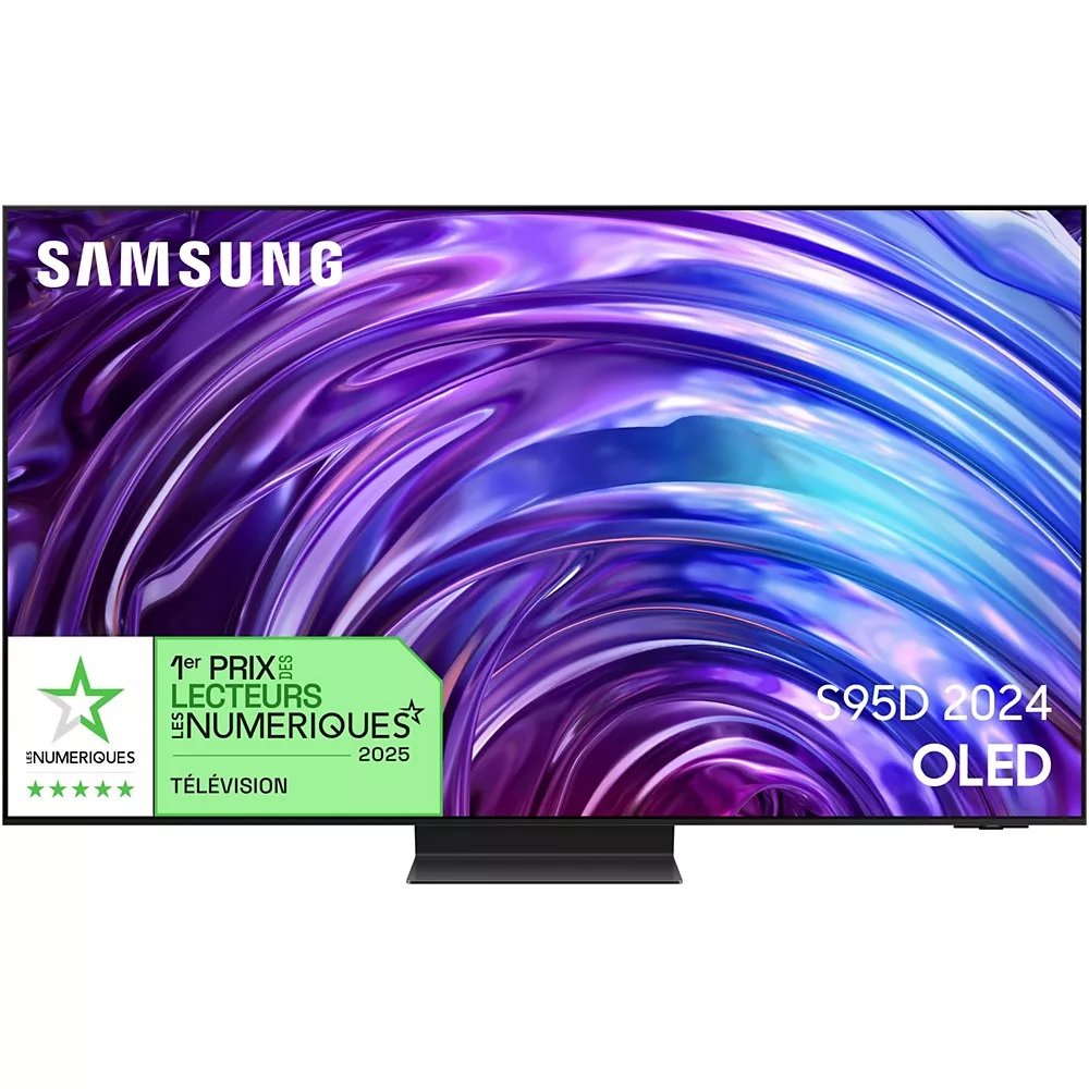 Le téléviseur OLED SAMSUNG TQ77S95D 2024 affiche fièrement une étiquette de récompense sur son écran abstrait et vibrant.