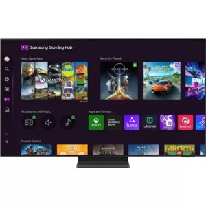 Le téléviseur SAMSUNG TQ77S95D dispose d'une interface de hub de jeu avec un affichage élégant des icônes de jeu et des applications.