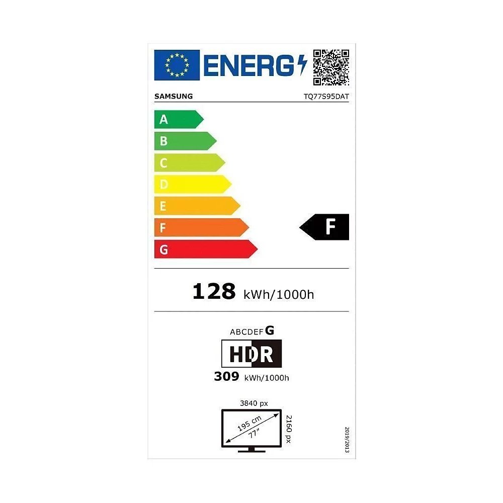 Le SAMSUNG TQ77S95D dispose d'une résolution 3840x2160 et HDR mais a une cote énergétique de F, consommant 128 kWh/1000h.