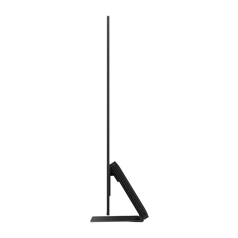 Vue latérale du moniteur SAMSUNG TQ77S95D, mettant en valeur son design ultra-fin et son support minimaliste.