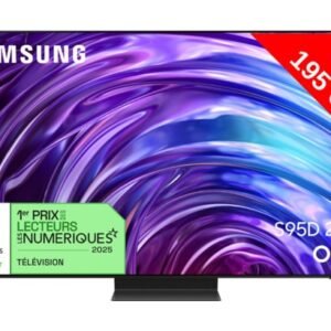 Le téléviseur OLED Samsung TQ77S95D présente un design tourbillonnant violet et bleu avec les inscriptions « 195 cm » et « S95D 2024 », ainsi qu'un badge de récompense. Ce modèle élégant offre aux passionnés de technologie une expérience visuelle inégalée.