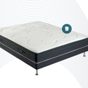 Le matelas BULTEX ELMA présente un dessus blanc et des côtés foncés, sur fond de lignes courbes.