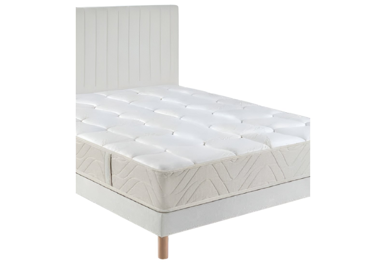 Lit queen-size EPEDA EMBRUN avec tête de lit rembourrée blanche et matelas blanc tufté sur un cadre simple.