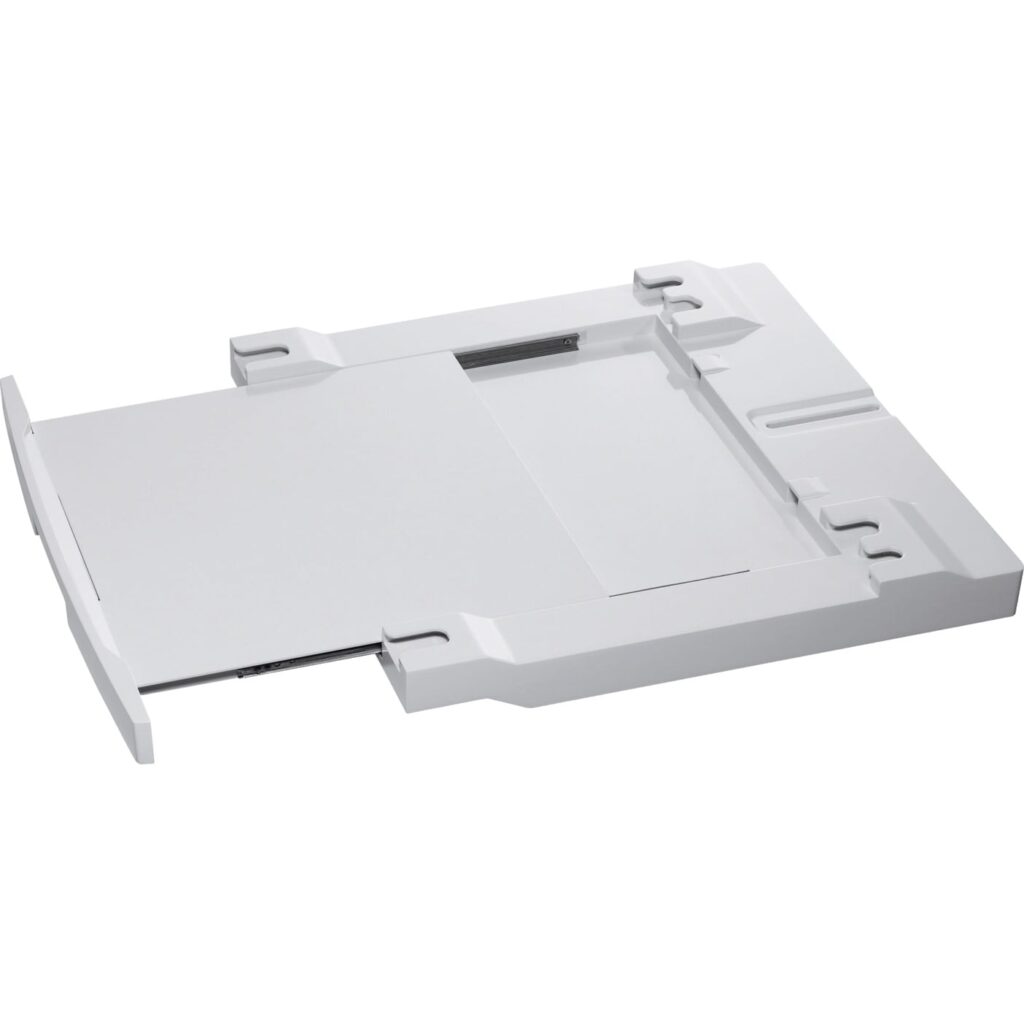 Bac à papier plat en plastique blanc conçu pour les imprimantes de bureau, doté d'un mécanisme de largeur réglable pour plus de commodité. Compatible avec le modèle AEG A1WYHSK1.