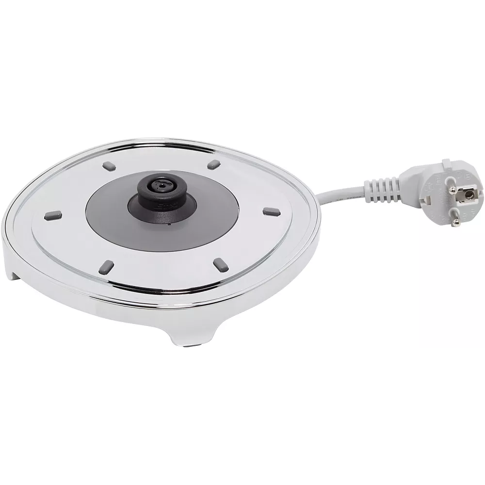 Base ronde argentée pour bouilloire électrique avec connecteur central et cordon d'alimentation attaché, compatible avec SMEG KLF03BLMEU.