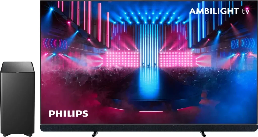 Le téléviseur PHILIPS 65OLED909/12 OLED est doté d'un éclairage de scène Ambilight vibrant, affiché à côté d'un haut-parleur noir élégant sur la gauche.
