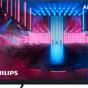 Le téléviseur PHILIPS 65OLED909/12 OLED est doté d'un éclairage de scène Ambilight vibrant, affiché à côté d'un haut-parleur noir élégant sur la gauche.