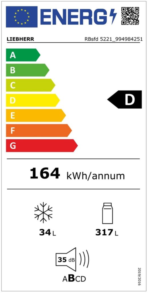 Étiquette d'efficacité énergétique : Réfrigérateur LIEBHERR RBSFD5221-22, classé D, avec une consommation énergétique annuelle de 164 kWh. Les caractéristiques comprennent un compartiment réfrigérateur de 317 L, un compartiment congélateur de 34 L et un niveau sonore de 35 dB.