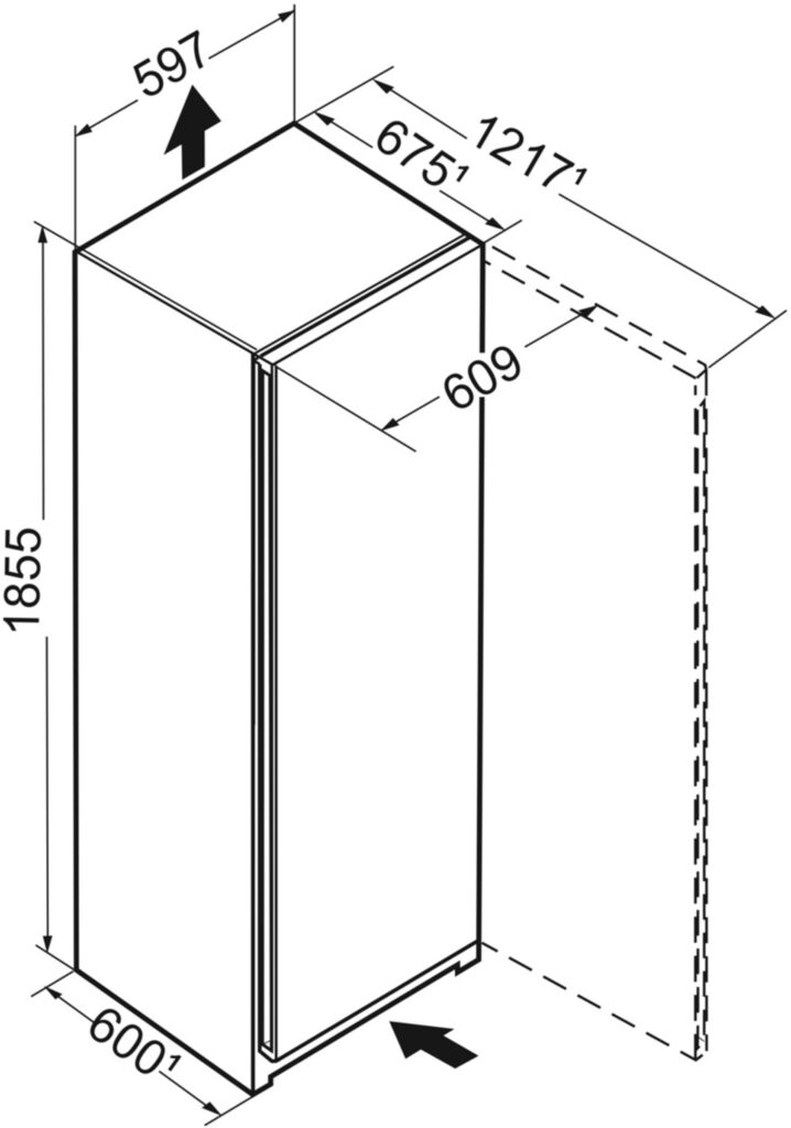 Dessin au trait d'une armoire rectangulaire haute, rappelant le réfrigérateur LIEBHERR RBSFD5221-22, avec des dimensions étiquetées : 1855x597x675 mm et des mesures d'ouverture de porte.