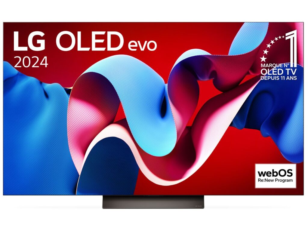 Un téléviseur LG OLED77C4 présentant un design abstrait coloré sur l'écran, accompagné d'un texte mettant en évidence ses fonctionnalités de produit de pointe 2024.