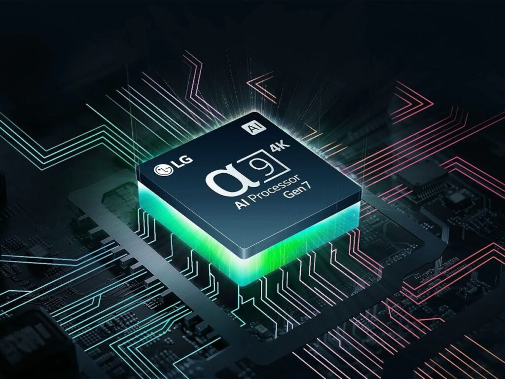 Gros plan du chipset LG AI Processor Gen7 α9 4K illuminé par des néons sur un circuit imprimé, mettant en valeur la technologie avancée qui alimente les visuels époustouflants du téléviseur LG OLED77C4.