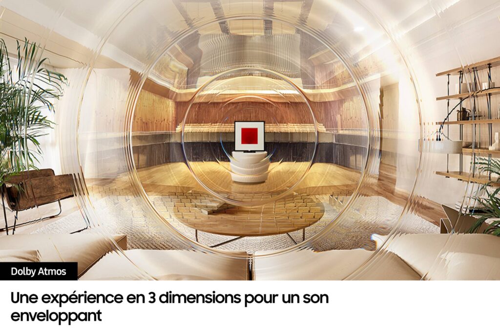 Un salon moderne avec le SAMSUNG HW-LS60D, avec un effet bulle 3D et un texte français sur une expérience sonore 3D immersive pour un son de haute qualité.