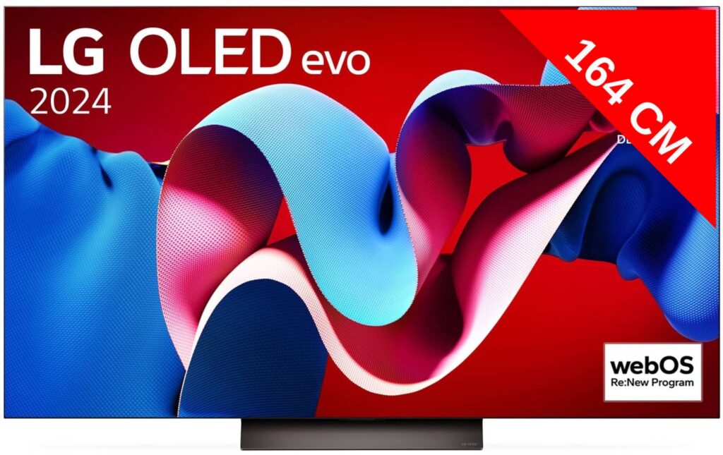 Le LG OLED65C4 dispose d'un écran de télévision de 65 pouces avec un design accrocheur en forme de ruban, baptisé « 164 CM », « 2024 » et fonctionne sur le programme innovant webOS ReNew.