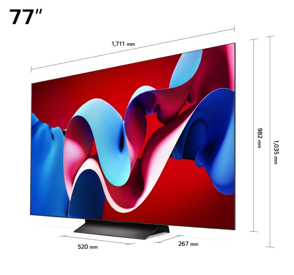 Un téléviseur LG OLED77C4 de 77 pouces aux dimensions détaillées, affichant un design abstrait coloré sur l'écran.