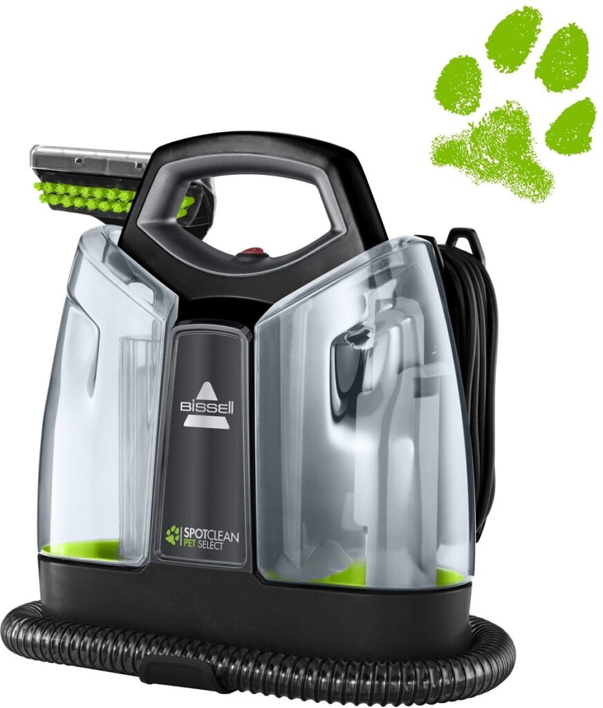 Présentation du BISSELL SpotClean Pet Select 37288 avec son design unique en forme de patte verte. Ce nettoyeur portatif pour tapis et tissus d'ameublement élimine sans effort les taches d'animaux.