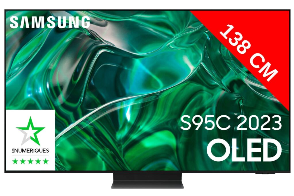 Le téléviseur OLED TQ55S95C de Samsung de 2023 est doté d'un superbe écran abstrait vert, d'une taille généreuse de 138 cm et affiche fièrement sa note de 5 étoiles dans le coin inférieur gauche.