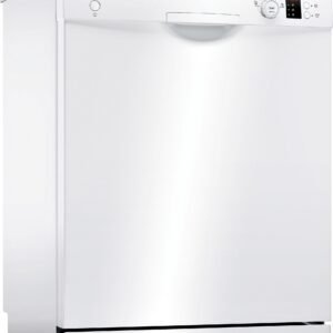 Lave-vaisselle BOSCH SMS25AW05E, orienté vers l'avant, doté d'un panneau de commande sur le bord supérieur et d'une poignée de porte située au centre.