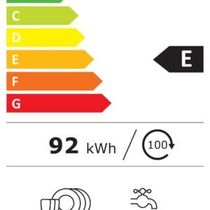 Etiquette énergétique de l'appareil BOSCH SMS25AW05E : Classe énergétique E, consommation annuelle d'énergie de 92 kWh, pour 12 couverts, consommation d'eau de 9,5 litres par cycle et niveau sonore de 48 dB.