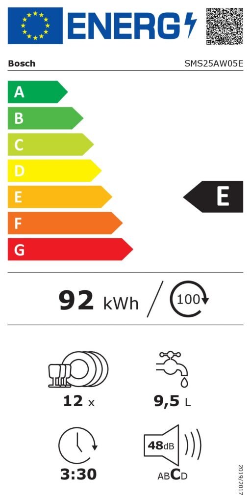 Etiquette énergétique de l'appareil BOSCH SMS25AW05E : Classe énergétique E, consommation annuelle d'énergie de 92 kWh, pour 12 couverts, consommation d'eau de 9,5 litres par cycle et niveau sonore de 48 dB.