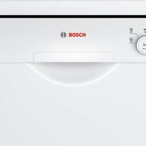 Vue de face d'un panneau de commande de lave-vaisselle BOSCH SMS25AW05E comprenant divers boutons, un petit écran et un bouton de démarrage.