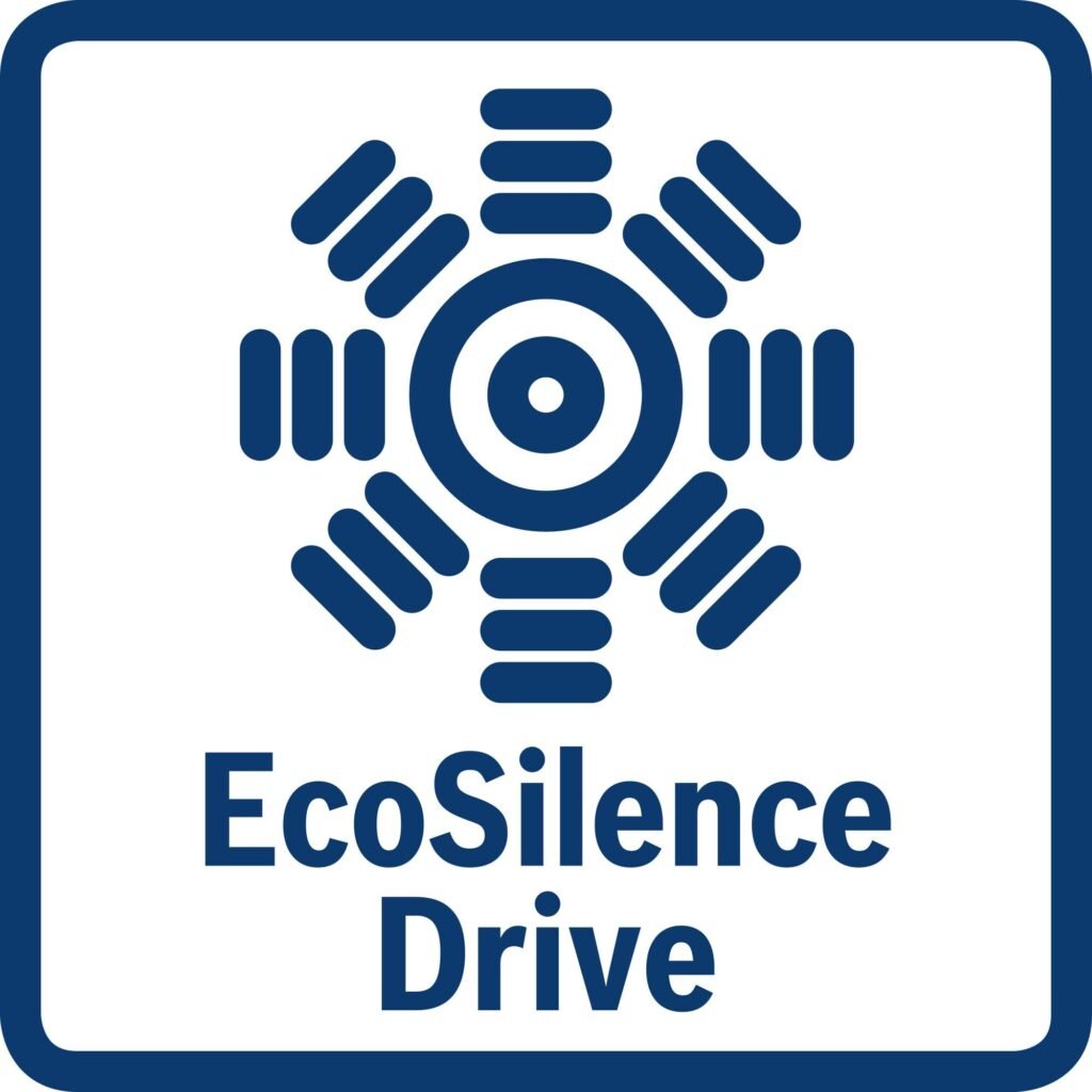 Une icône bleue présentant un design symétrique avec le texte « EcoSilence Drive » en dessous, le tout entouré d'un cadre carré bleu, signifie le lave-vaisselle BOSCH SMS25AW05E.