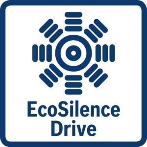 Une icône bleue présentant un design symétrique avec le texte « EcoSilence Drive » en dessous, le tout entouré d'un cadre carré bleu, signifie le lave-vaisselle BOSCH SMS25AW05E.
