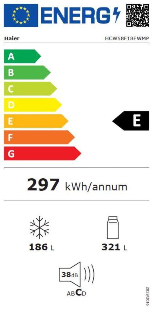 L'étiquette de classement énergétique de l'appareil HAIER HCW58F18EWMP indique une classification « E » avec une consommation énergétique annuelle de 297 kWh. Il dispose d'une capacité de 186 L pour le congélateur, de 321 L pour le réfrigérateur et fonctionne à un niveau sonore de seulement 38 dB.