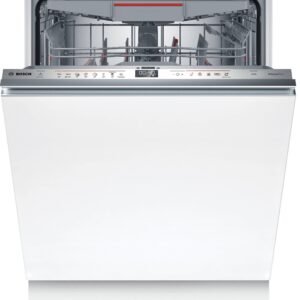 Ouvrez le lave-vaisselle BOSCH SMV6ECX00E avec son panneau de commande visible et ses paniers vides.