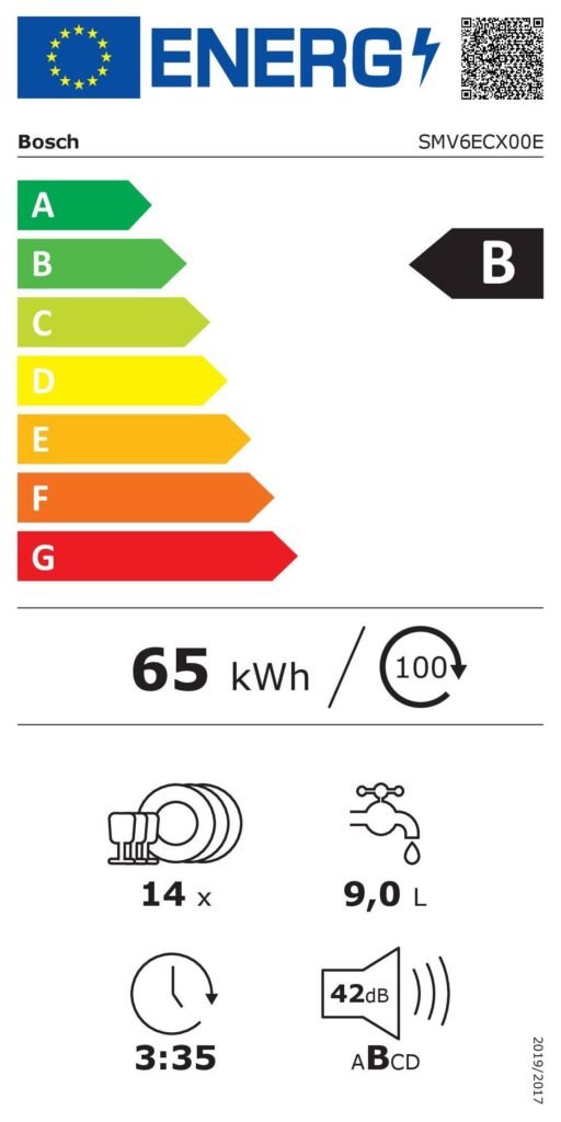Étiquette énergétique du lave-vaisselle BOSCH SMV6ECX00E : classe B, 65 kWh pour 100 cycles, peut accueillir 14 couverts, consomme 9,0 L d'eau par cycle, fonctionne pendant 3 heures et 35 minutes et fonctionne à un niveau sonore silencieux de 42 dB.