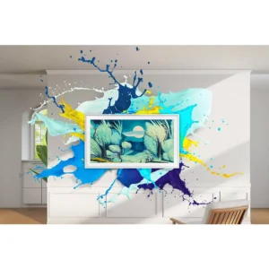 Le téléviseur SAMSUNG TQ43LS03B s'intègre parfaitement dans un salon moderne, son écran ressemblant à une peinture de paysage avec des éclaboussures de peinture vibrantes qui l'entourent sur le mur.