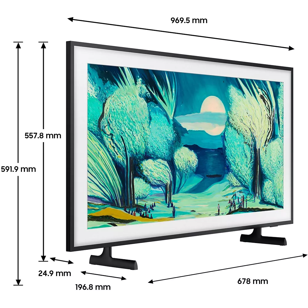 Le SAMSUNG TQ43LS03B est un téléviseur conçu pour afficher des œuvres d'art, avec ses dimensions en hauteur, largeur et profondeur spécifiées en millimètres.