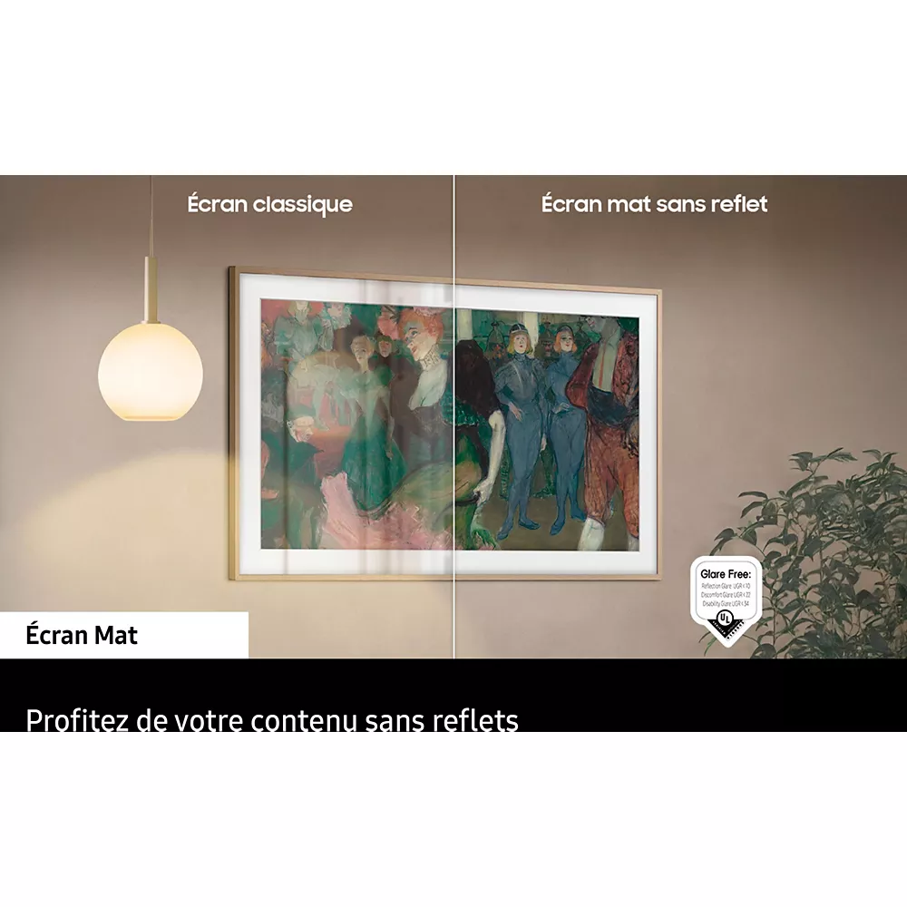 Une œuvre d'art murale sous une lampe affiche un reflet d'écran classique par rapport à un écran mat dans un texte français, mettant en valeur le téléviseur SAMSUNG TQ43LS03B.