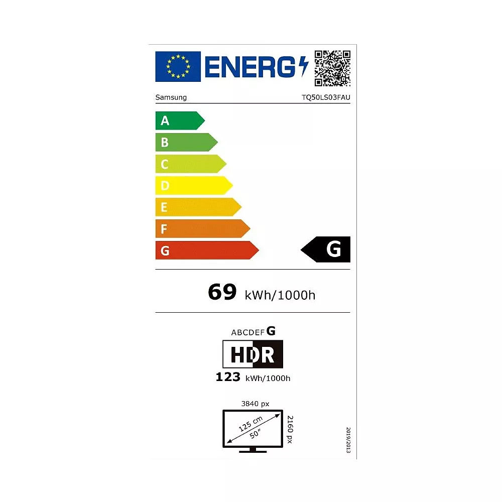 Étiquette énergétique européenne pour SAMSUNG TQ43LS03B : classée G, consomme 69 kWh/1000h et a une résolution de 3840 x 2160 pixels.