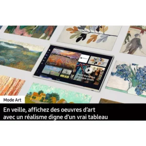 Le téléviseur numérique SAMSUNG TQ43LS03B affiche des peintures célèbres, complétées par des reproductions d'art sur fond blanc.