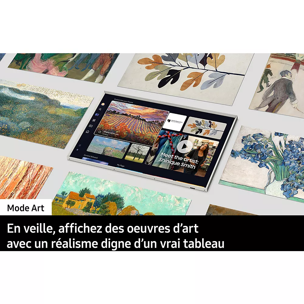 Le téléviseur numérique SAMSUNG TQ43LS03B affiche des peintures célèbres, complétées par des reproductions d'art sur fond blanc.