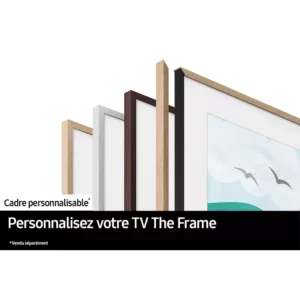 Quatre cadres personnalisables de différentes couleurs pour le téléviseur SAMSUNG TQ43LS03B, présentés ici affichant une scène de nature.