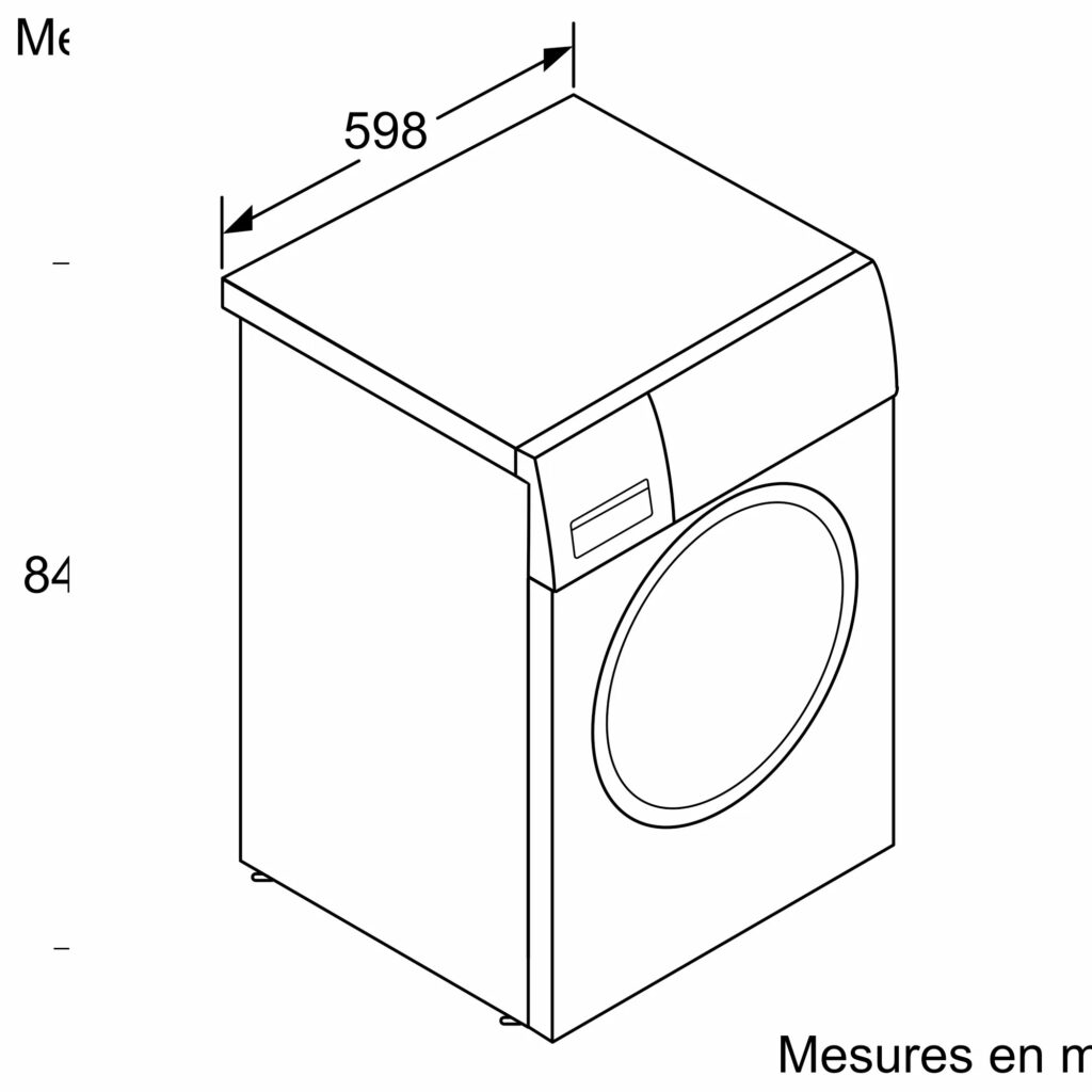 Dessin au trait d'une machine à laver à chargement frontal BOSCH WGG254F1FR, avec dimensions : 598 mm de large et 845 mm de haut. Les étiquettes sont en français.