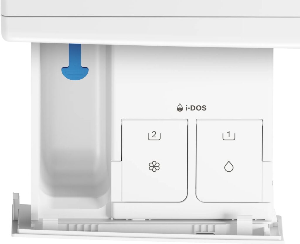 Vue de face d'une machine à laver BOSCH WGG254F1FR présentant des tiroirs à détergent ouverts marqués i-DOS pour la distribution automatique de détergent et d'assouplissant.