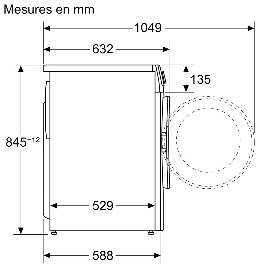 Dessin technique montrant les dimensions du lave-linge en millimètres : 845+12 de hauteur, 588 de largeur et 1049 de profondeur avec la porte ouverte. Le BOSCH WGG254F1FR garantit la précision de votre planification.