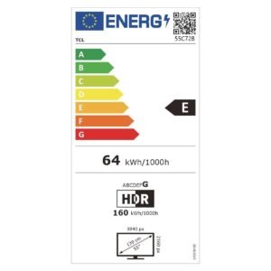 Le téléviseur TCL 65C72B dispose d'une étiquette énergétique européenne classée E, avec une consommation électrique de 64 kWh par 1000 heures pour une utilisation standard et de 160 kWh par 1000 heures lors de l'affichage de contenu HDR.