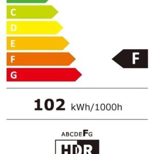 L'étiquette d'efficacité énergétique du téléviseur OLED PHILIPS 65OLED809/12 indique une note F et une consommation d'énergie de 102 kWh par 1000 heures.