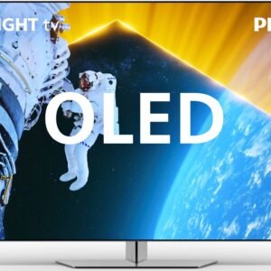 Un téléviseur PHILIPS Ambilight affichant un astronaute dans l'espace, avec le texte « PHILIPS 65OLED809/12 » superposé.
