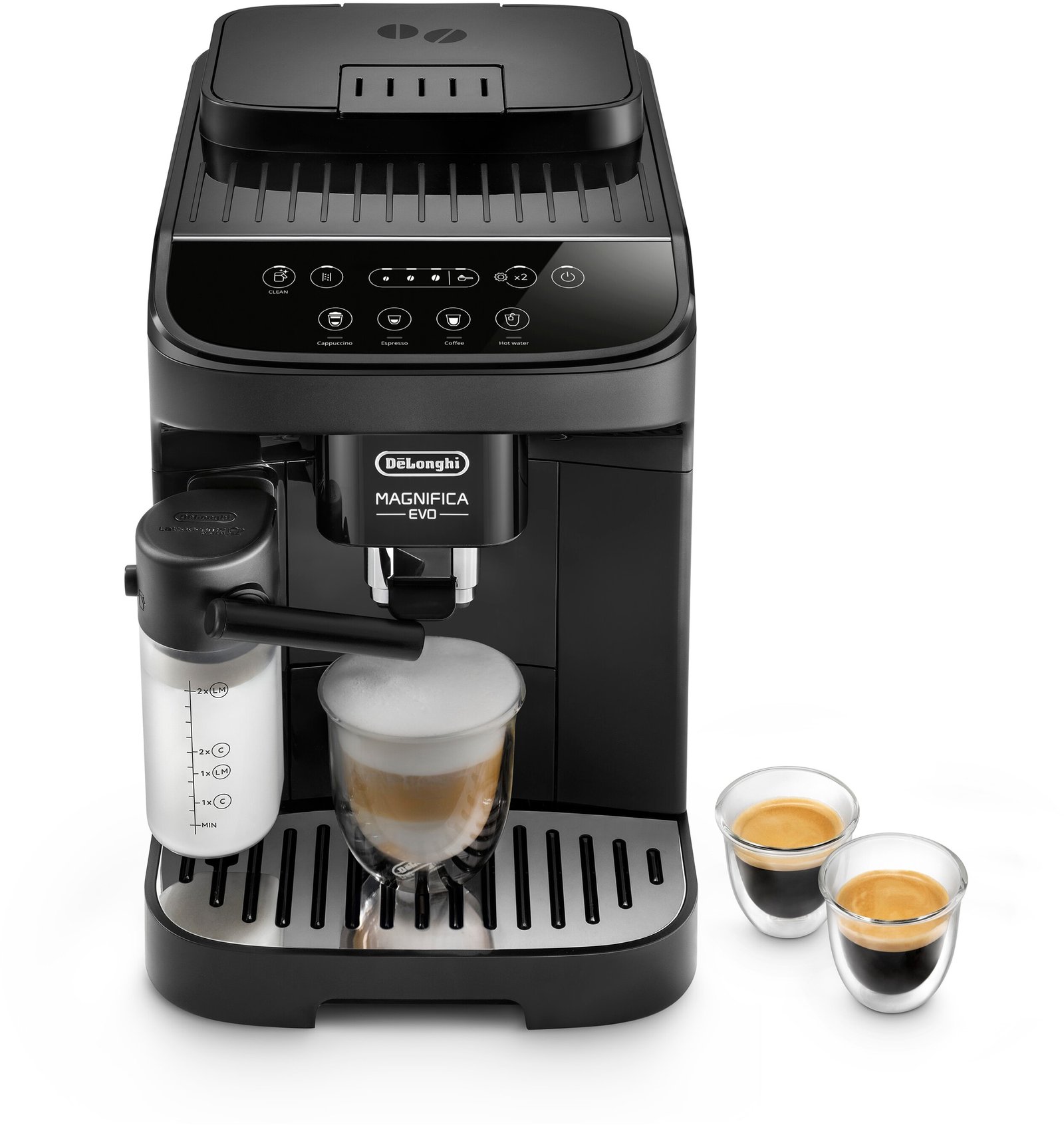 Une machine à café DELONGHI ECAM293.52B MAGNIFICA avec un mousseur à lait, préparant du café dans une tasse en verre, avec deux doses d'espresso à côté.