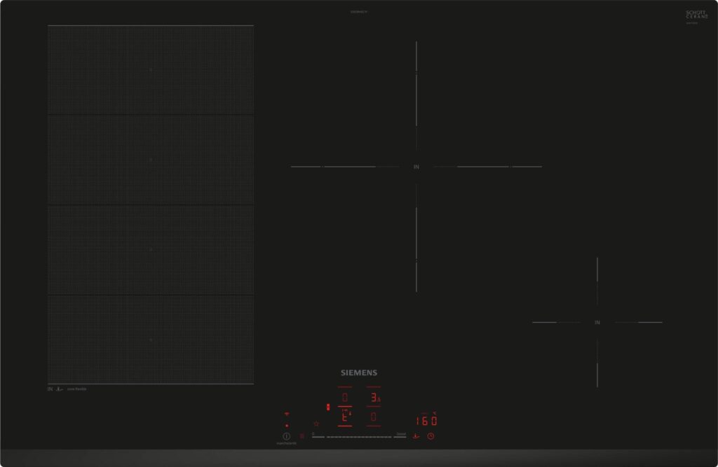 La table de cuisson à induction noire moderne SIEMENS EX83RHEC1F est dotée de commandes tactiles et de quatre zones de cuisson, dont deux offrent des réglages flexibles.