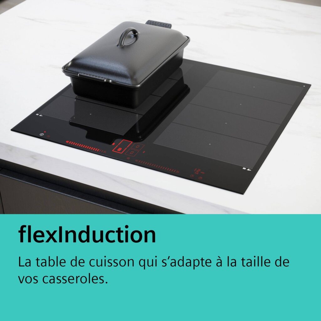 Une table de cuisson à induction avec une grande casserole dessus accompagnée d'une légende en français faisant la promotion de la technologie de cuisson à induction flexible du SIEMENS EX83RHEC1F.