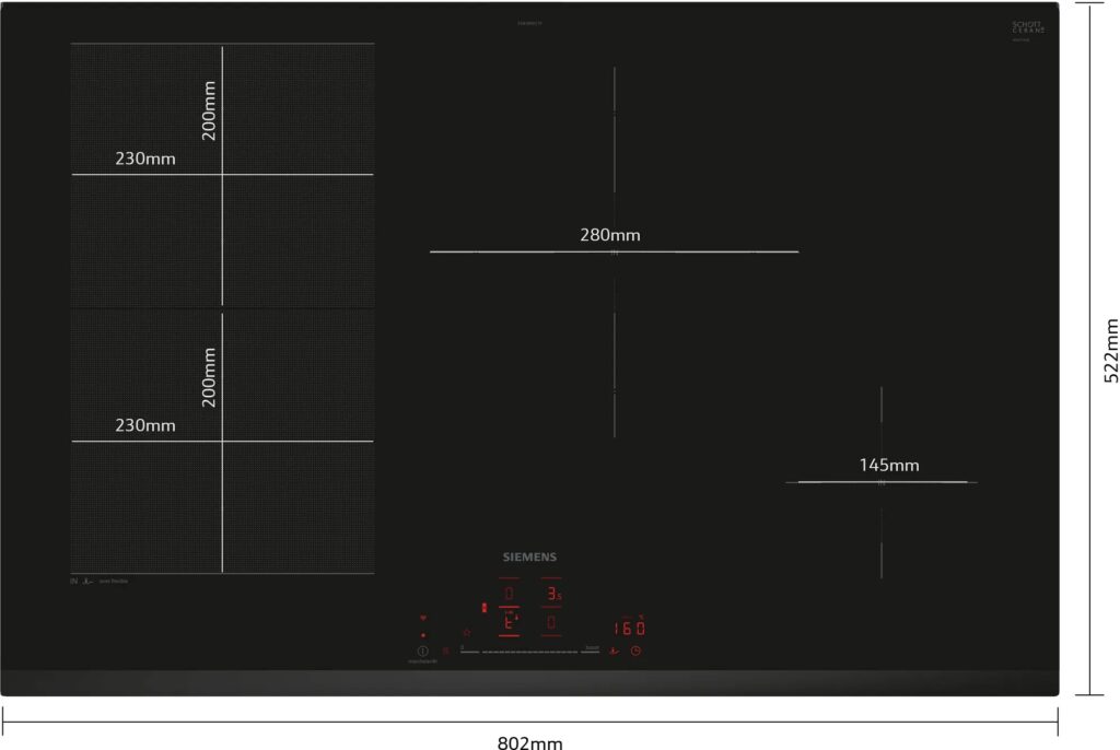 Table de cuisson à induction noire SIEMENS EX83RHEC1F avec dimensions de zone étiquetées : deux zones de 230 mm, une zone de 280 mm et une zone de 145 mm.