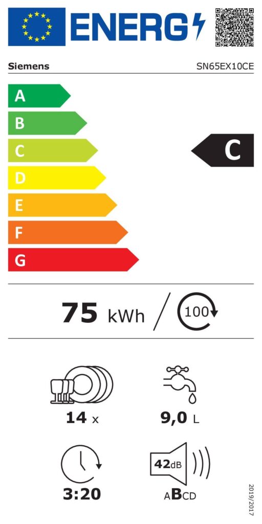 Le lave-vaisselle SIEMENS SN65EX10CE a une étiquette énergétique de C pour l'efficacité, utilise 75 kWh par 100 cycles, peut accueillir 14 couverts, consomme 9 litres d'eau par cycle et fonctionne à un niveau de bruit silencieux de 42 dB.